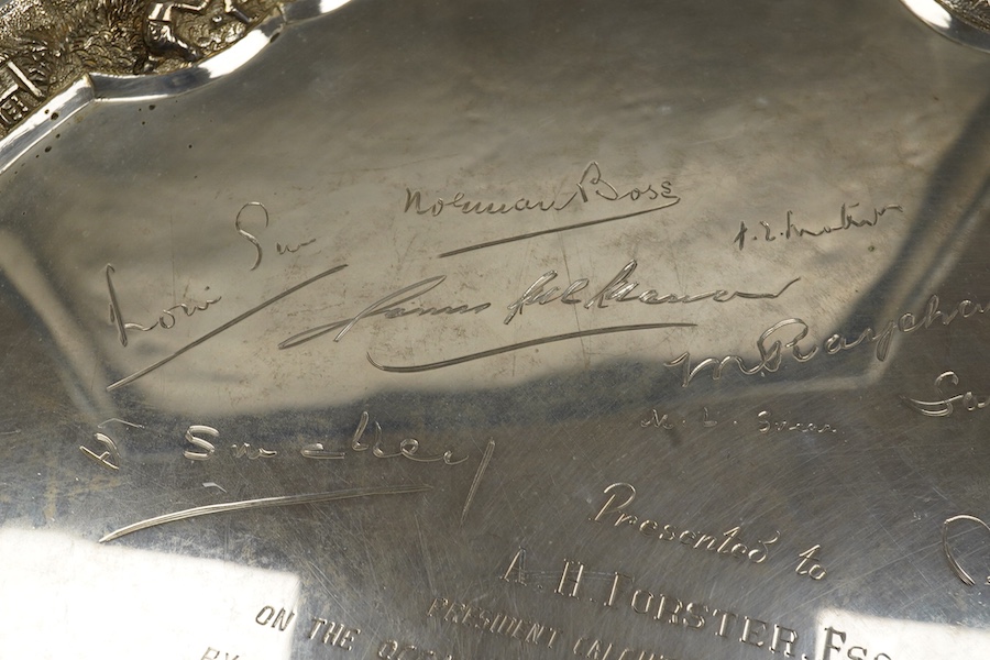 A mid 20th century Indian white metal (stamped sterling silver) presentation salver, engraved with numerous signatures, diameter 35.6cm, 36.8oz, with box.